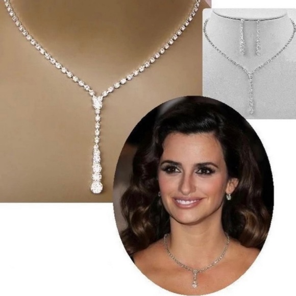 Bridal Rhinestone Tennis Drop Necklace Set - Picture 2 of 6